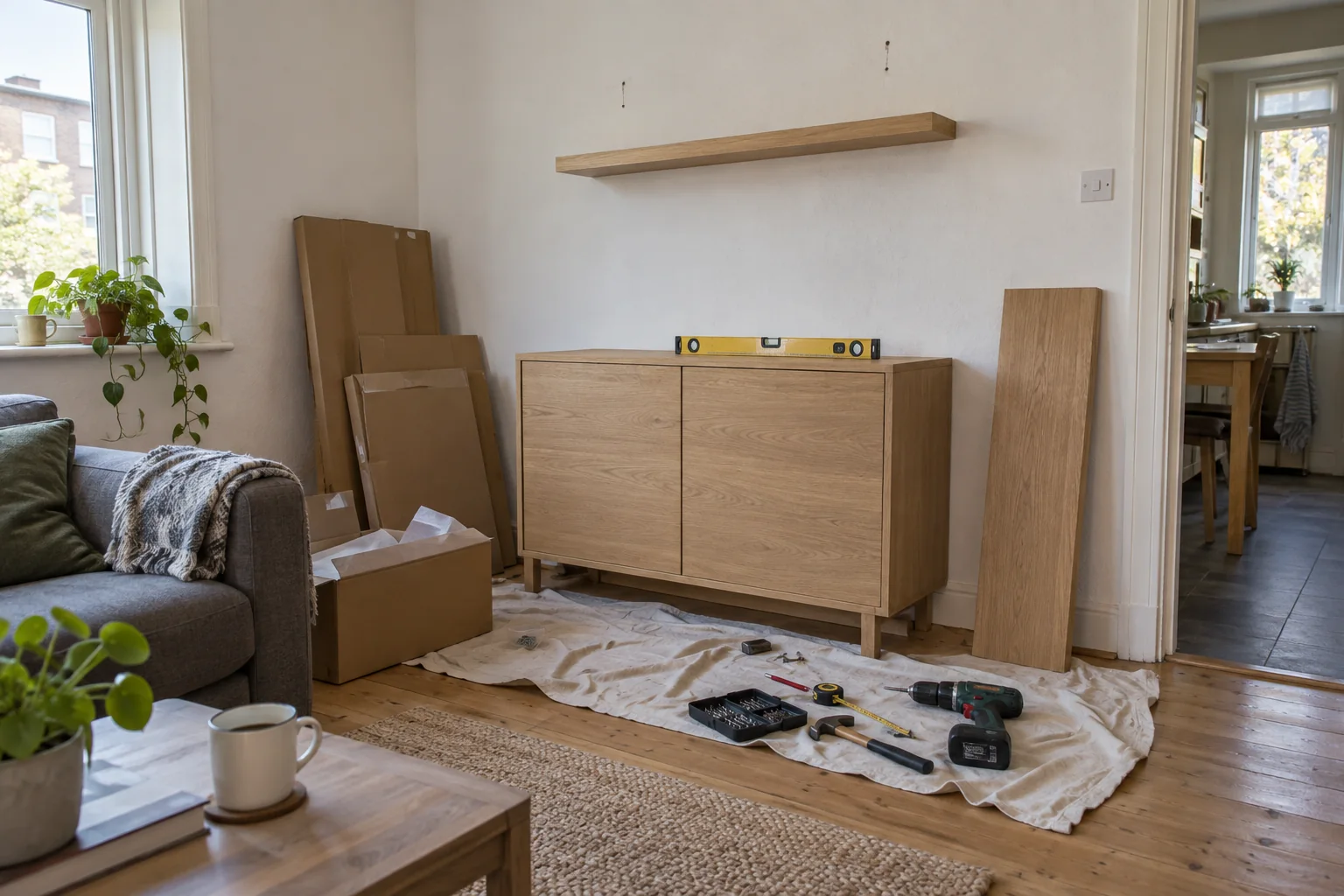 Möbelmontage in einem eingerichteten Wohnzimmer