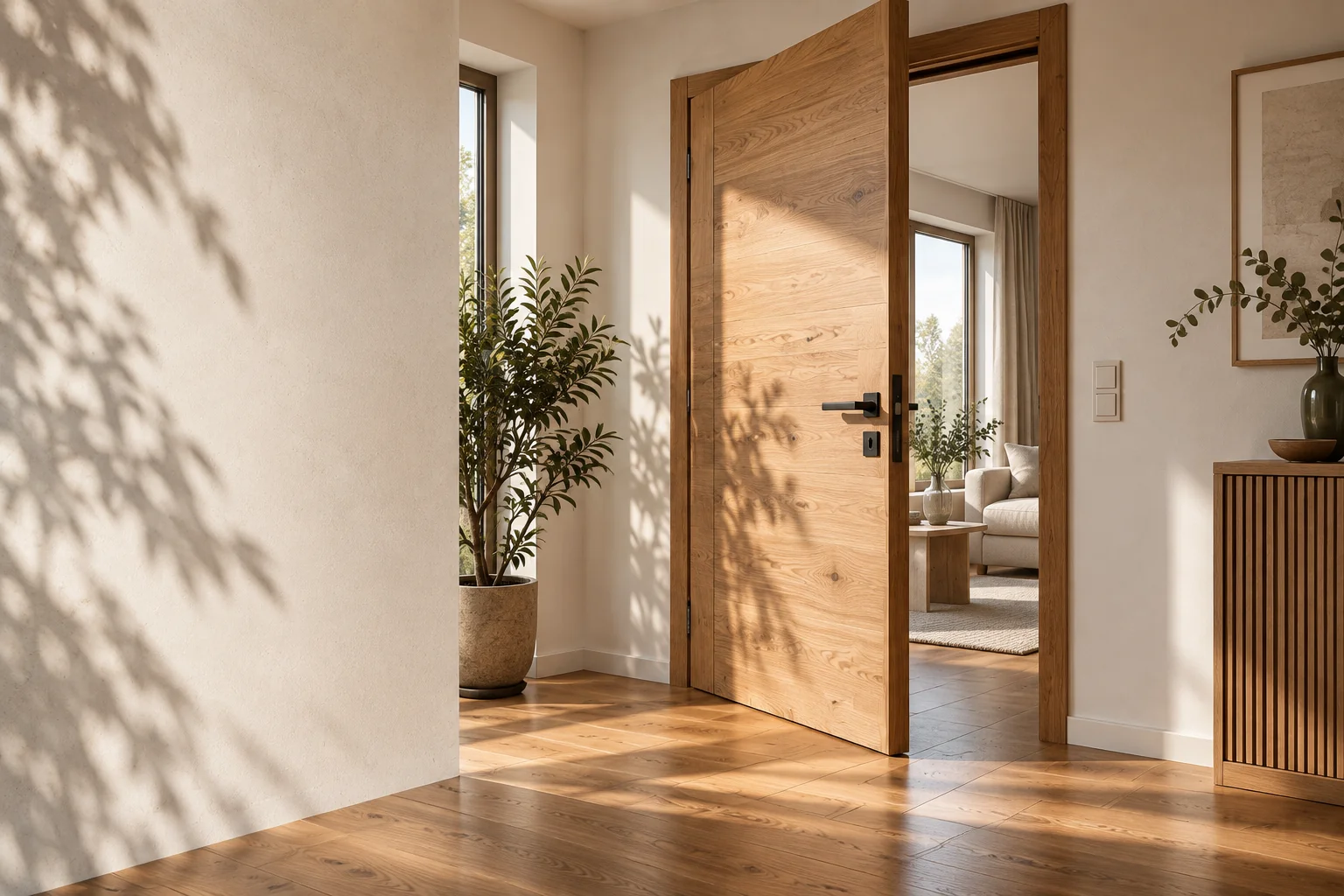 Helles Interieur mit geöffneter Tür aus warmem Eichenholz