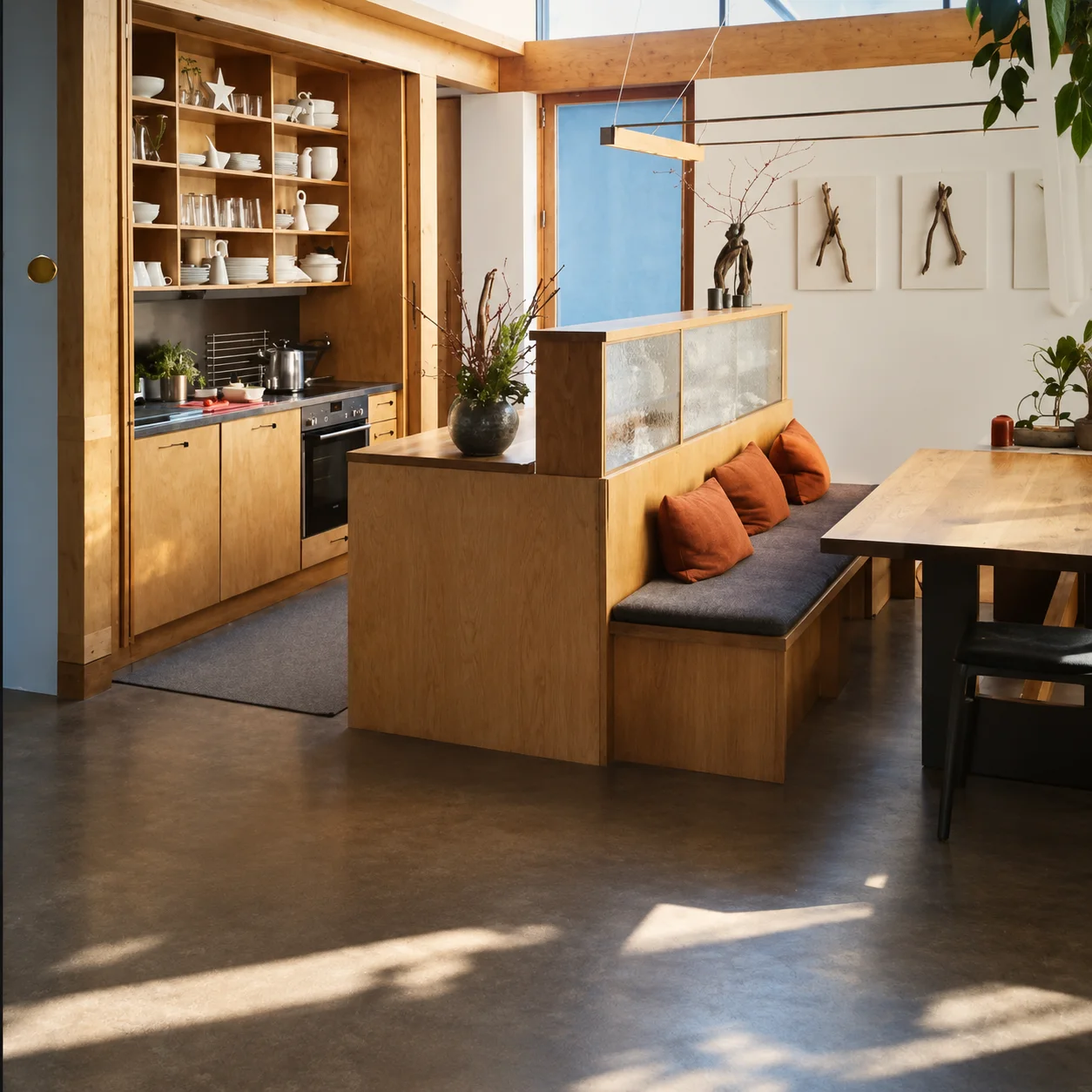 Maßgefertigte Holzküche mit Sitzbank und Essplatz