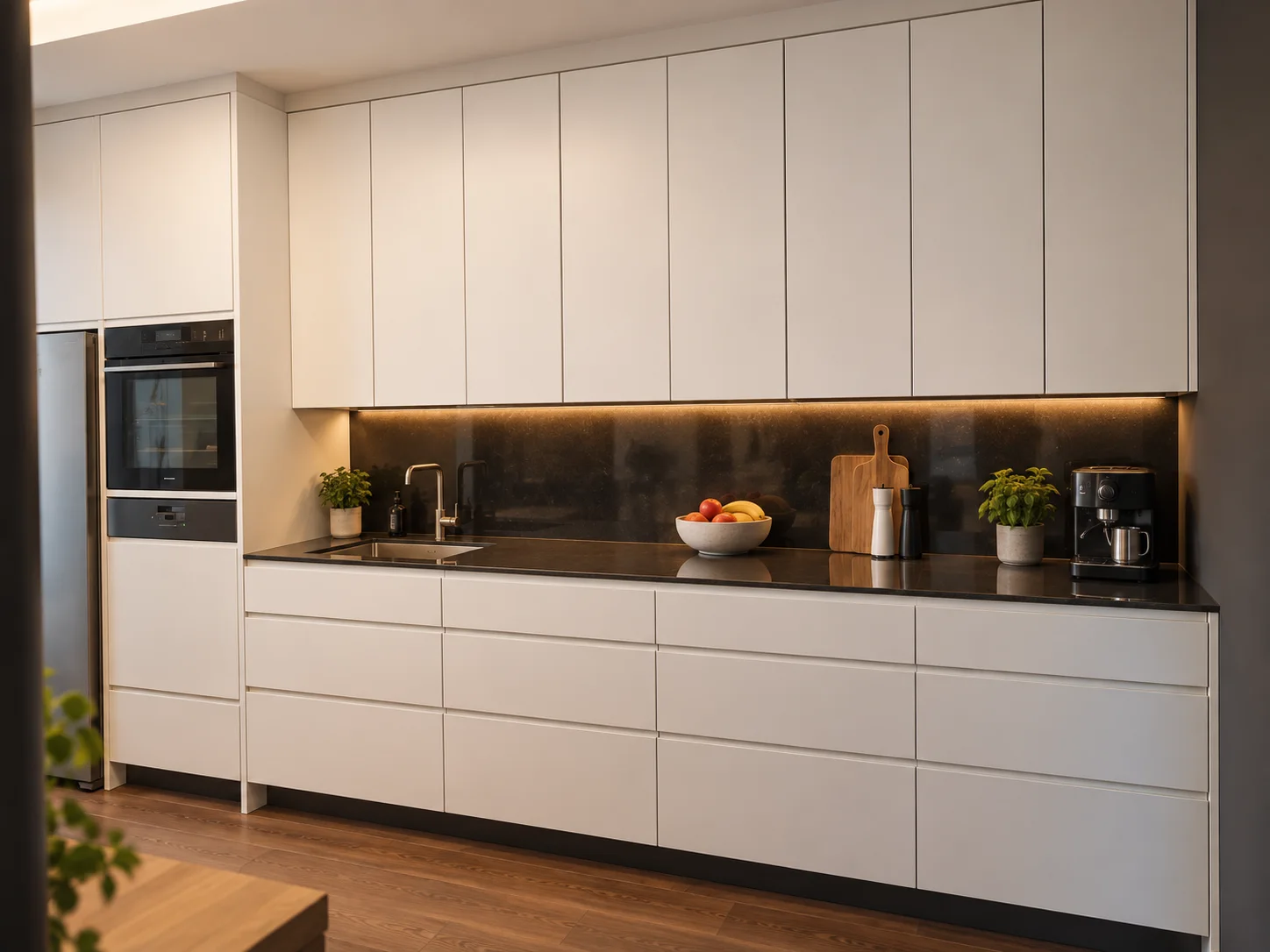 Moderne Einbauküche mit hellen Fronten und dunkler Arbeitsplatte