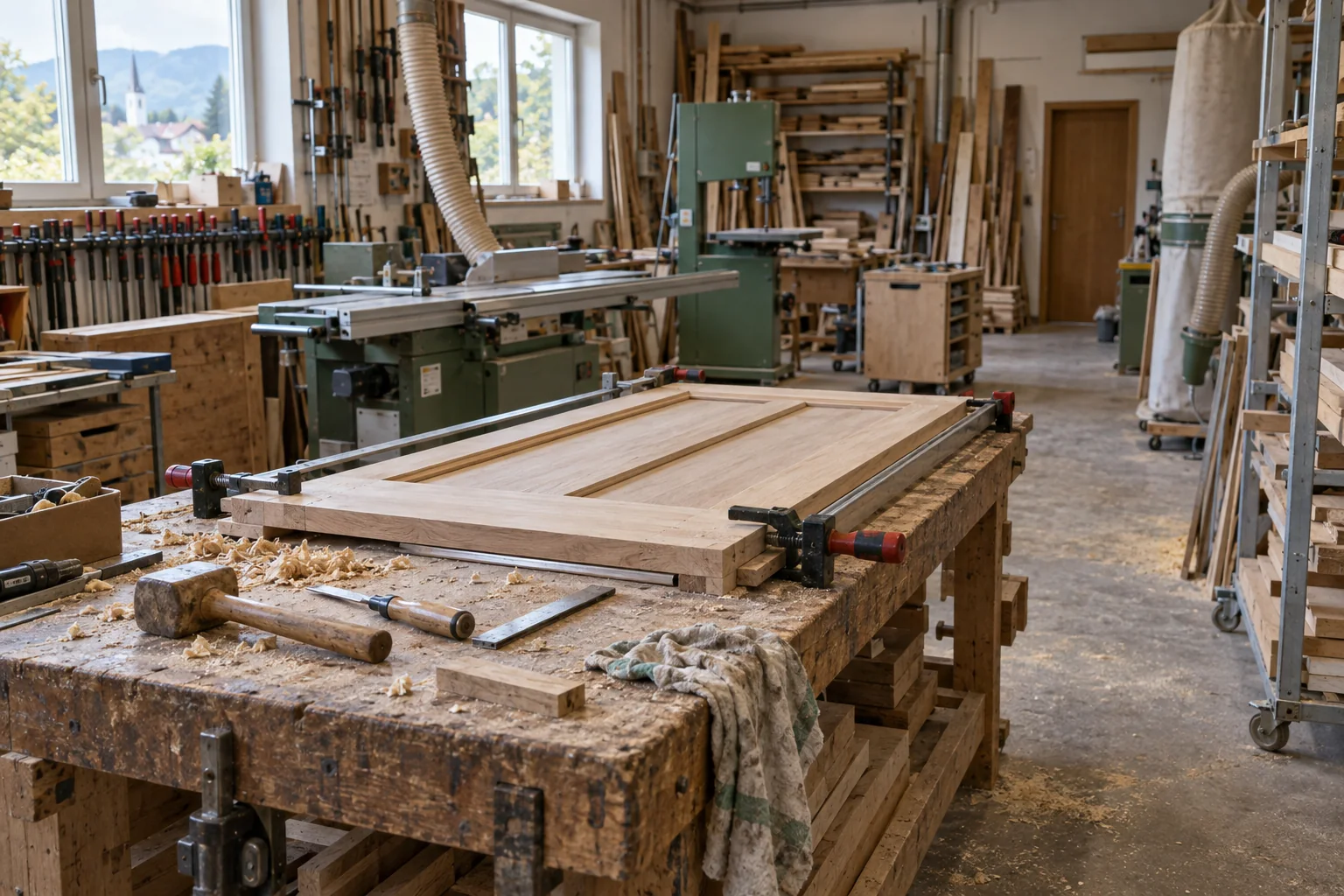 Werkstatt mit Maschinen und Holzbauteilen