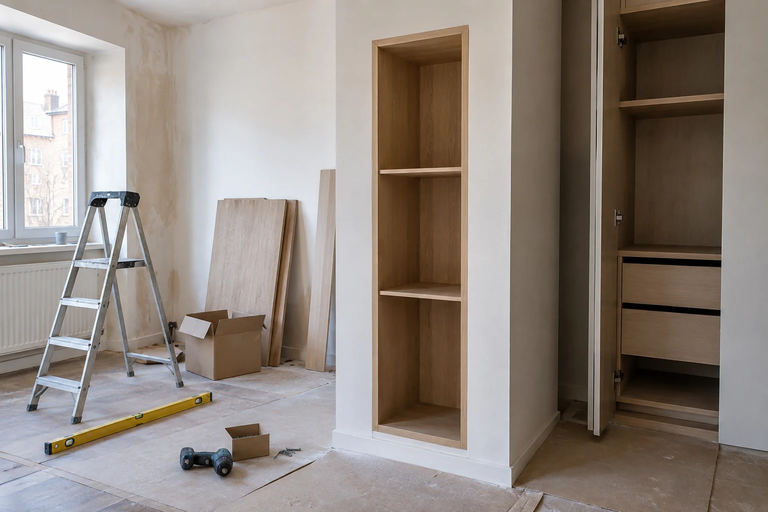 Unfertiger Holzeinbau in einem renovierten Wohnraum